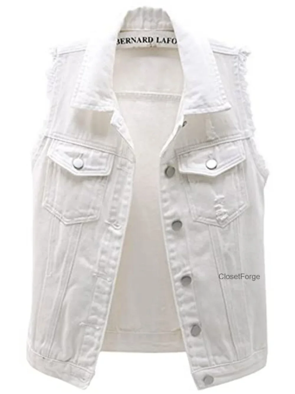 Sleeveless Button Front Ripped Denim Vest Jacket with Pockets